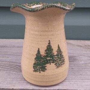 2002 Zanesville Ohio Pottery Stoneware Ruffled Rustic vase  spongeware trees 6"